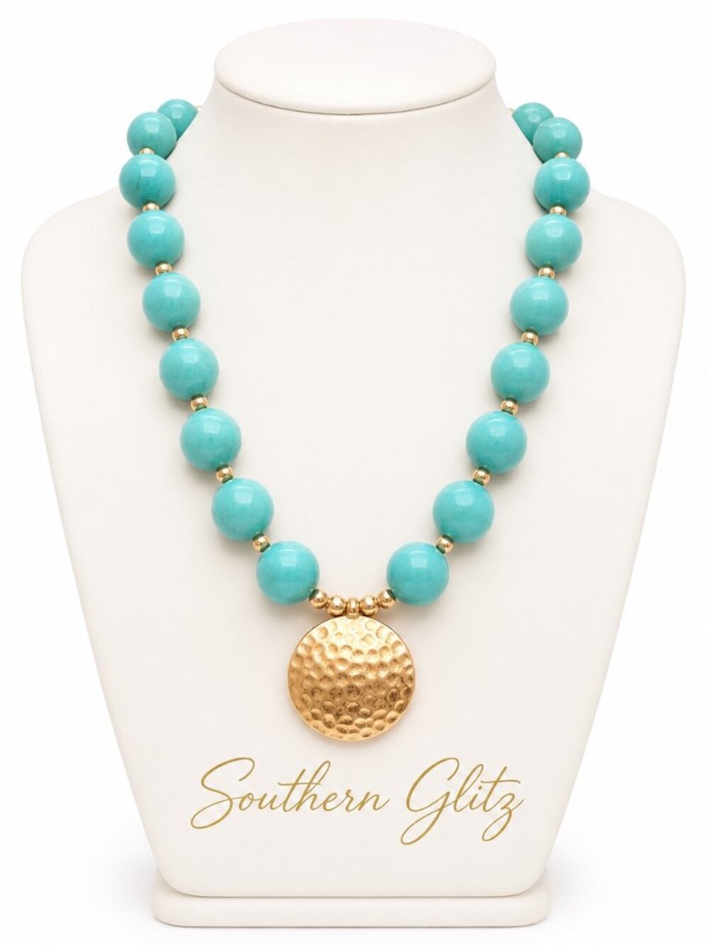 Turquoise Blue Beaded Necklace, Gold Pendant Necklace, Statement Bead Necklace,